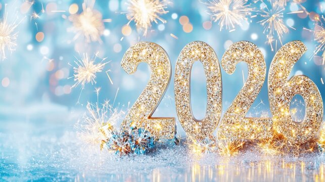 Fototapeta Sparkling New Year 2026: A shimmering and festive New Year's Eve celebration, captured in a photo. Sparkling numbers "2026" surrounded by dazzling fireworks against a backdrop of twinkling lights.