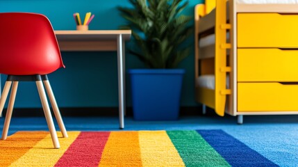 A bright and playful room featuring colorful decor, a chair, and plants that create a cheerful and inviting atmosphere.