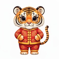 Cute Tiger in Traditional Clothing - Adorable tiger cub in a festive red and gold outfit, symbolizing celebration, tradition, joy, cuteness, and the year of the tiger.