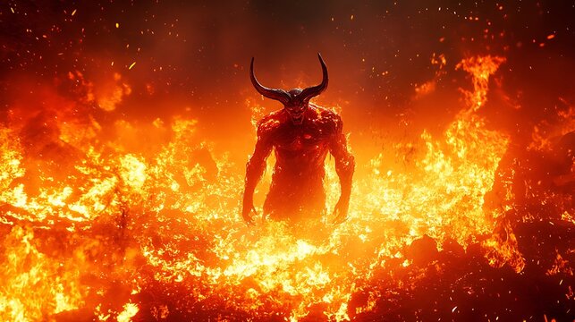 A terrifying devil with sharp horns standing amidst flames in a fiery underworld surrounded by glowing lava and burning embers