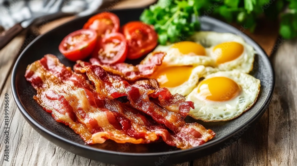Aufkleber a plate of bacon next to scrambled eggs and freshly sliced tomatoes, creating a hearty breakfast spr