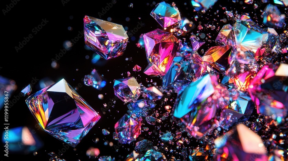 Poster iridescent crystals exploding in dark space