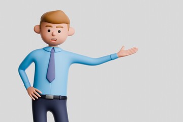3D render of cartoon businessman in formal blue shirt and tie, making a presentation gesture, isolated on white background.