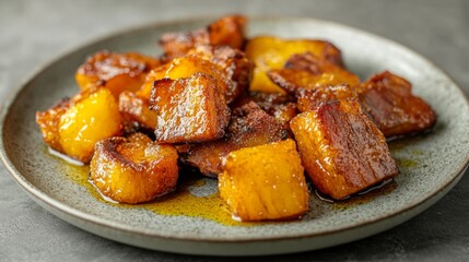 A plate of golden, crispy pork belly, glistening with fish sauce, placed on a stone surface with a slight drizzle of sauce around the edges, accented by soft lighting