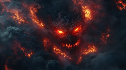 A devil with glowing red eyes and a menacing stance surrounded by the burning depths of hell with molten lava and smoke