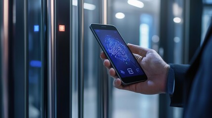 Biometric payment system integration demonstration in modern office digital technology high-tech environment