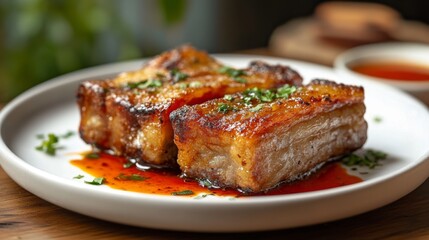A plate of perfectly fried pork belly with a crispy, golden texture, drizzled with savory fish sauce, set against a rustic wooden table with natural lighting