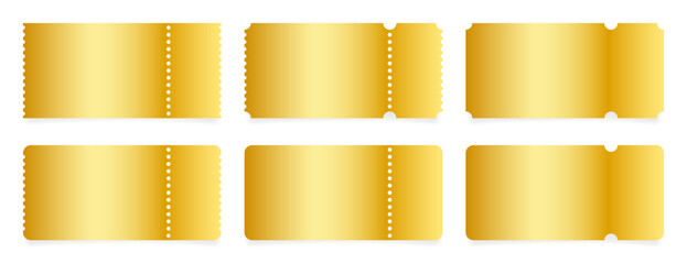 Set of gold ticket mockups with ruffle edges and shadows. Empty template. Concert, movie or theater ticket. Boarding blank, lottery, sale coupon