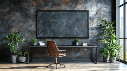 A mock-up showing a black frame placed on an office wall