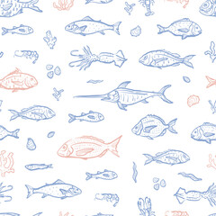 Sea food seamless pattern. Lobster, crab, shrimp and squid hand drawn illustration. Design for branding, restaurant and menu.