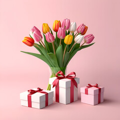 Fototapeta premium A bouquet of tulips on a pink background.An empty space for the text. Gift boxes with bows
