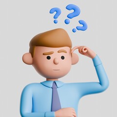 3D render of a cartoon man in blue shirt and tie, scratching head with a confused expression isolated on white background.