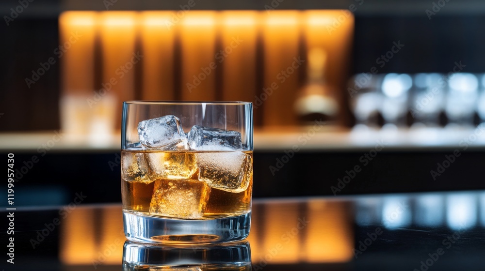 Poster A refreshing glass of beer filled with ice cubes, set on a bar counter with soft reflections, creating a cool and crisp look with a touch of ambient light