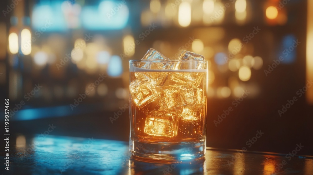 Aufkleber A refreshing glass of beer filled with ice cubes, set on a bar counter with soft reflections, creating a cool and crisp look with a touch of ambient light