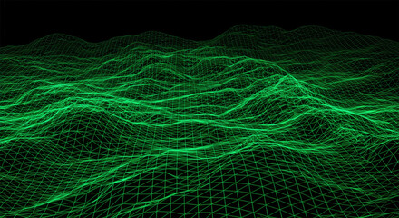 3D rendered abstract grid neon topography. Green mesh terrain