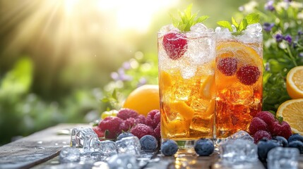 A stream of a fizzy or colorful drink splashing into a glass packed with ice,