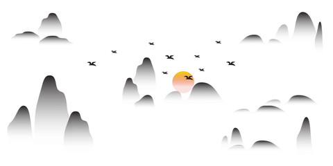 Chinese ink landscape painting design vector illustration. Eps 10.