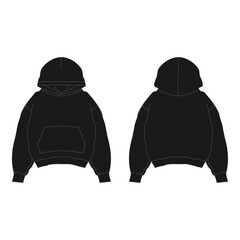 Black Oversized Hoodie Vector Mockup &ndash; Front and Back View, Kangaroo Pocket, Drop Shoulder
