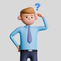 3D render of cartoon man in blue shirt and tie, making a confused gesture isolated on white background. Question and answer, help concept