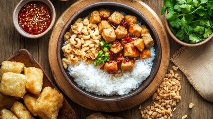Fototapeta premium A rustic setting featuring a bowl of hot rice, accompanied by assorted side dishes and a drizzle of soy sauce, all arranged on a wooden surface for a homely feel.