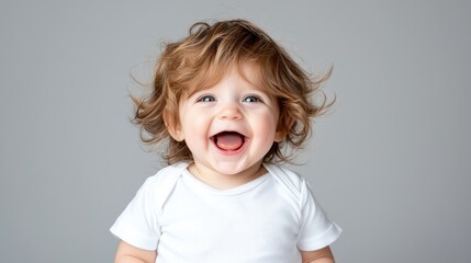 Happy toddler with curly hair laughing against a gray background.