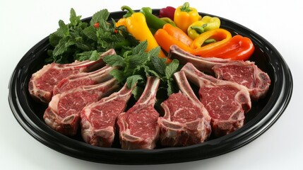 Fototapeta premium A selection of fresh lamb chops displayed on a dark plate, garnished with fresh mint and a side of colorful peppers for an appetizing presentation.
