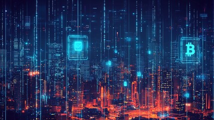 Fototapeta premium Digital payments revolutionizing urban life futuristic cityscape technology nighttime aerial view