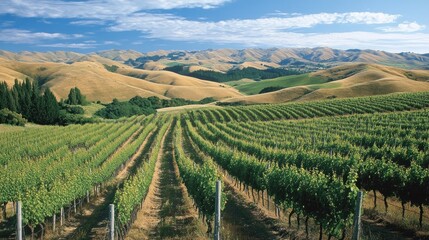 Scenic Vineyard Landscape with Rolling Hills and Blue Sky at Daytime