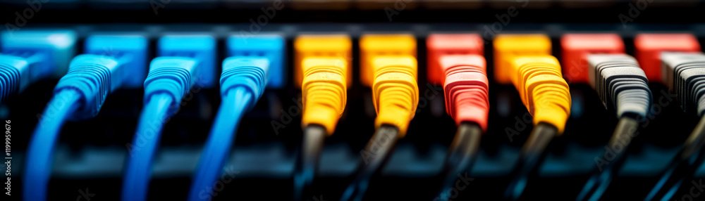 Poster data center server connectivity high-tech facility network infrastructure close-up view digital envi