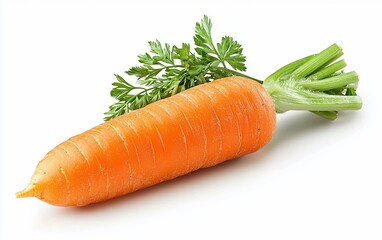 Fresh orange carrot with green leafy top isolated on white background.