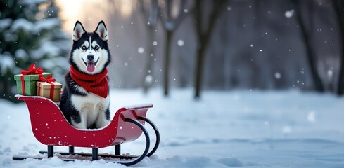 Husky dog sitting in sleigh with christmas gifts during snowfall. Winter Christmas composition with a dog in the forest.
