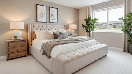A sophisticated bedroom with a minimalistic design, featuring a large statement bed, elegant nightstands, and a mix of plush textures, bathed in natural light