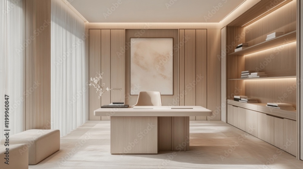 Poster a spacious minimalist office with a large desk, a simple chair, and a few books neatly arranged, all