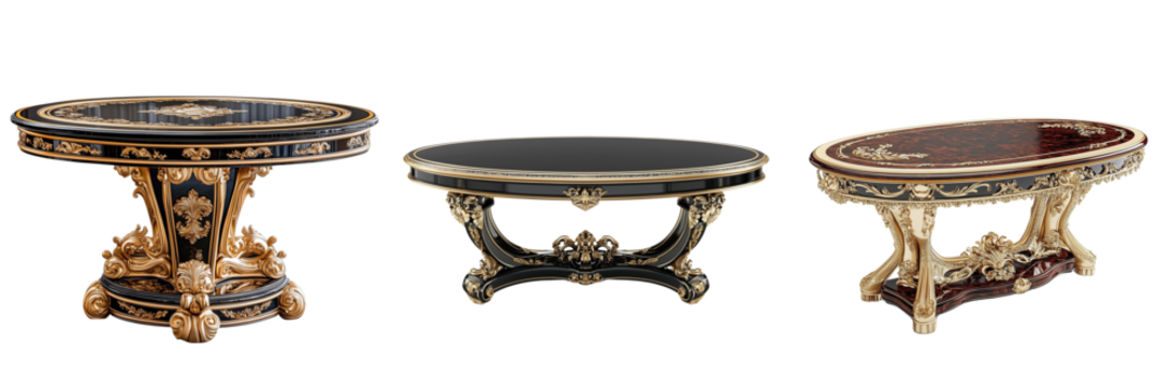 Set of a designer table with a glossy lacquered surface isolated on transparent background