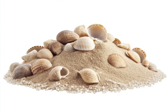 Tropical coastal decor with seashells and soft sand, isolated on clean background for beach lovers and vacation planners