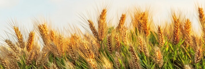 Golden wheat field with sunlit ears of grain swaying in gentle breeze under blue sky