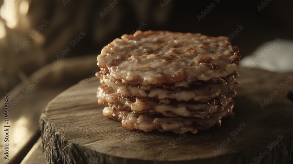 Poster A stack of hot, crispy bacon strips with a rich texture, placed on a rustic wooden cutting board with soft, diffused light in the background