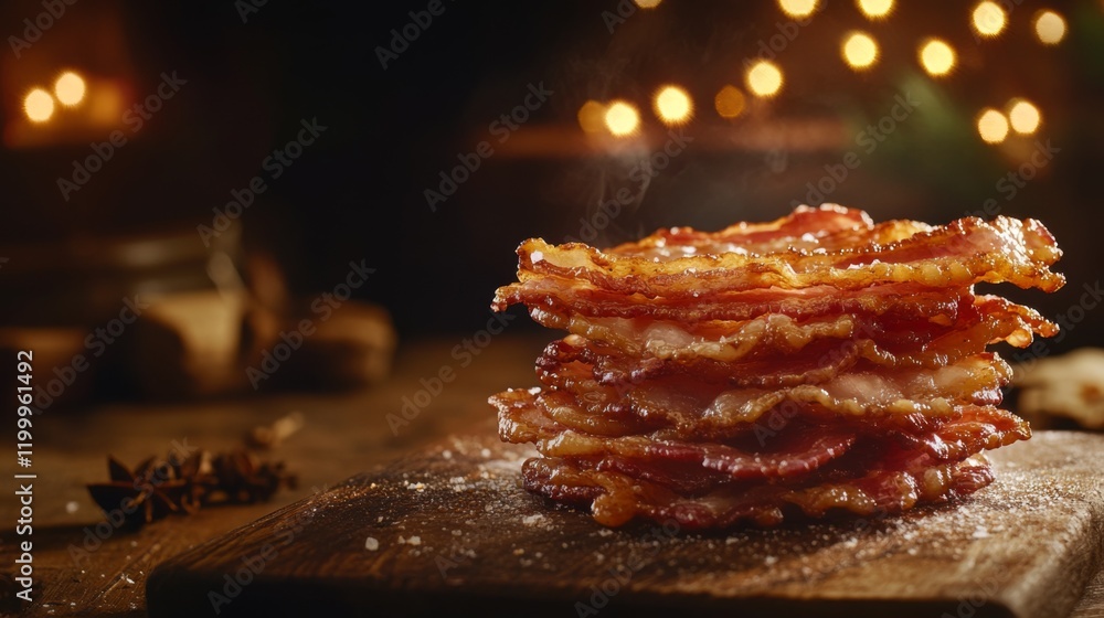 Poster a stack of hot, crispy bacon strips with a rich texture, placed on a rustic wooden cutting board wit