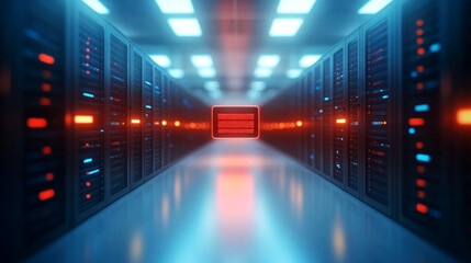 Server action in data center dynamic server room environment with futuristic lighting and high-tech equipment for optimal performance