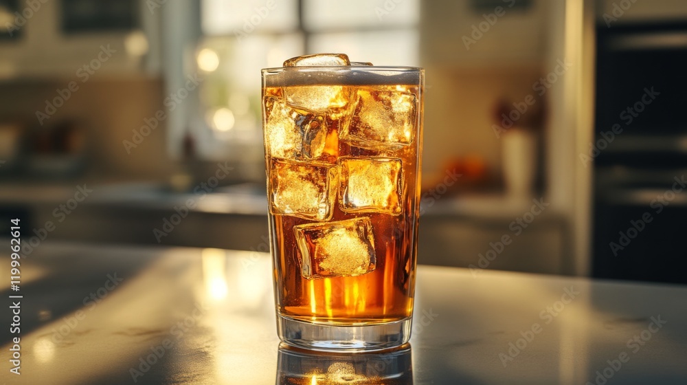 Poster a tall glass of beer with large ice cubes inside, set on a smooth countertop with natural light refl
