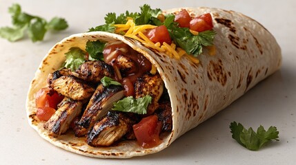 A vibrant taco wrapped in a soft flour tortilla, filled with tender grilled chicken, fresh lettuce