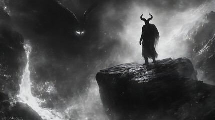 Obraz premium A dark and twisted devil figure with sharp horns standing on a rocky platform in the middle of a blazing hellscape
