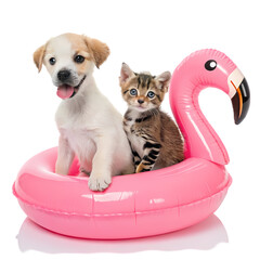 Adorable Puppy Kitten Summer Fun Flamingo Float Pink Cute Pets dog cat pool water happy sweet beach 