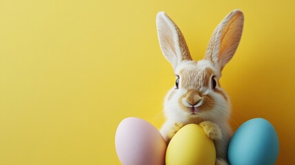 Fototapeta premium Cute bunny holding colorful eggs in bright yellow background for an easter celebration - playful close-up photography