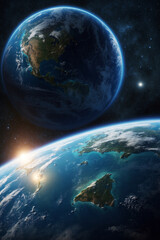 Fototapeta premium Stunning image of two planets in space, with one displaying sunrise. Majestic and cosmic, ideal for science, space, and universe themes