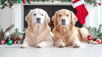 Two Golden Retrievers sit by a fireplace decorated for Christmas.