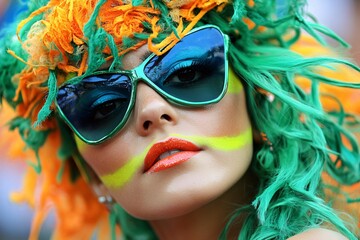 Vibrant Green and Orange Hair with Bold Makeup and Sunglasses