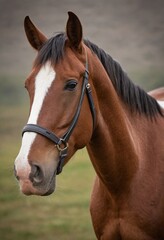 Obraz premium Vertical image of a brown horse wearing a leather bridle, standing in an outdoor field.