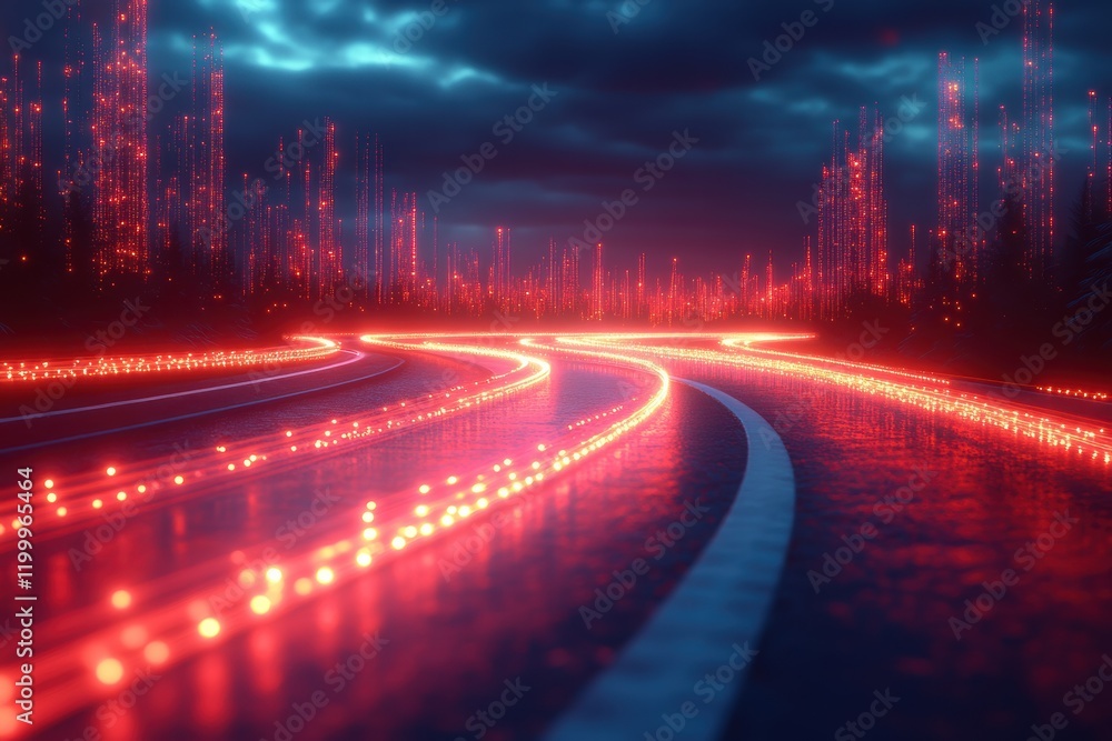 Poster lines of glowing data converge in a futuristic landscape with a blurred background