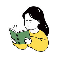 Girl in sweater holds and reads open book. Simple hand drawn cartoon style vector illustration isolated on white background. Hobbies and leisure concept clip art object. Learning and education design.